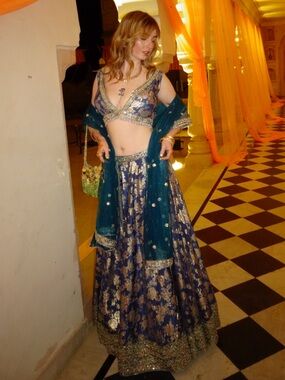 Lashkaraa Blue Embroidered Brocade Lehenga - S